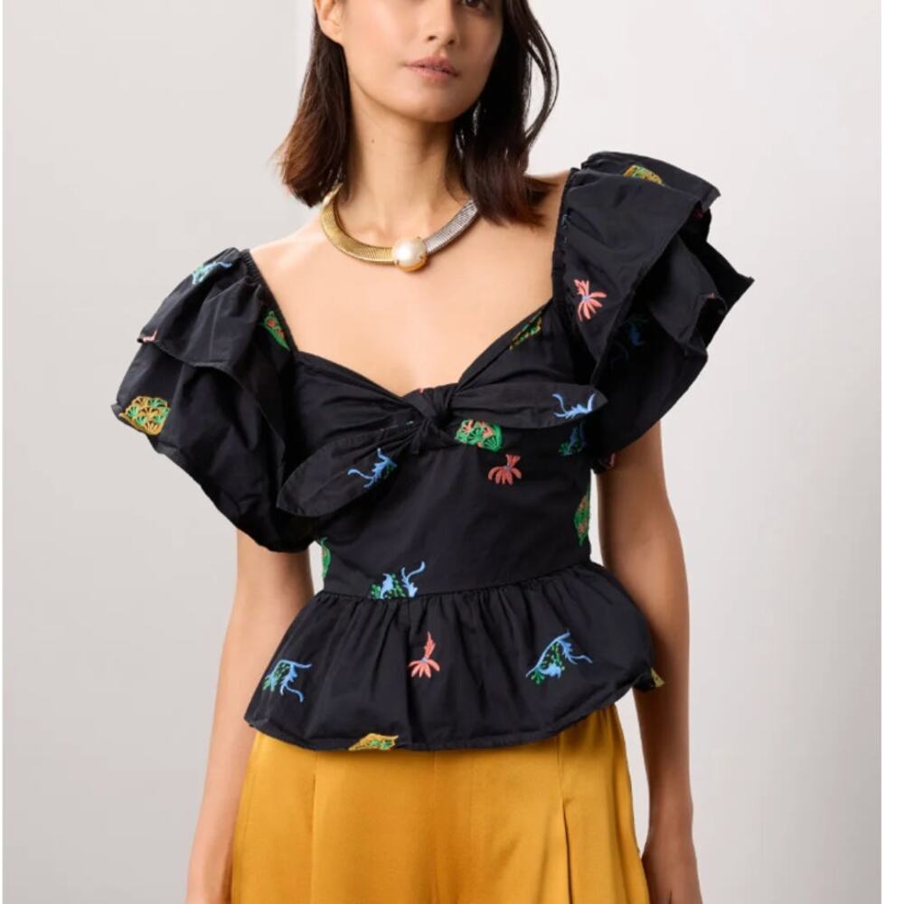 Hofmann Copenhagen Black Floral Embroidered Top Size 4 Cottage Designer $325